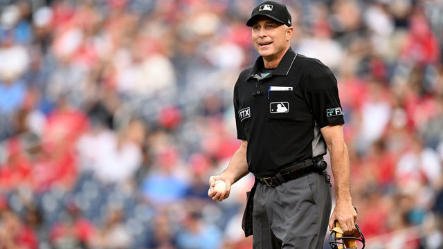 WASHINGTON, DC - JULY 29: Home plate umpire Dan Iassogna #58 during a break in the game between the Washington Nationals and the St. Louis Cardinals at Nationals Park on July 29, 2022 in Washington, DC.