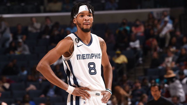 MEMPHIS, TN - OCTOBER 7: Ziaire Williams #8 of the Memphis Grizzlies stands on the court during a preseason game against the Miami Heat on October 7, 2022 at FedExForum in Memphis, Tennessee. Mandatory Copyright Notice: Copyright 2022 NBAE