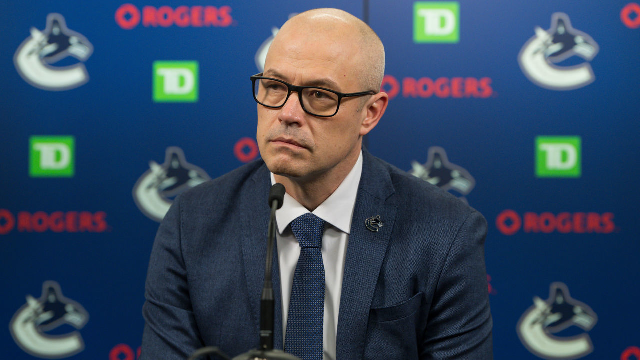 VANCOUVER, BC - MARCH 20: Vancouver Canucks general manager Patrik Allvin speaks to the press prior to their NHL game against the Buffalo Sabres at Rogers Arena on March 20, 2022 in Vancouver, British Columbia, Canada.