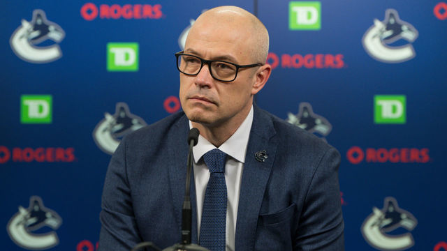 VANCOUVER, BC - MARCH 20: Vancouver Canucks general manager Patrik Allvin speaks to the press prior to their NHL game against the Buffalo Sabres at Rogers Arena on March 20, 2022 in Vancouver, British Columbia, Canada.