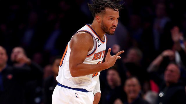 NEW YORK, NEW YORK - OCTOBER 26: Jalen Brunson #11 of the New York Knicks celebrates his three point shot against the Charlotte Hornets at Madison Square Garden on October 26, 2022 in New York City. The New York Knicks defeated the Charlotte Hornets 134-131 in overtime.