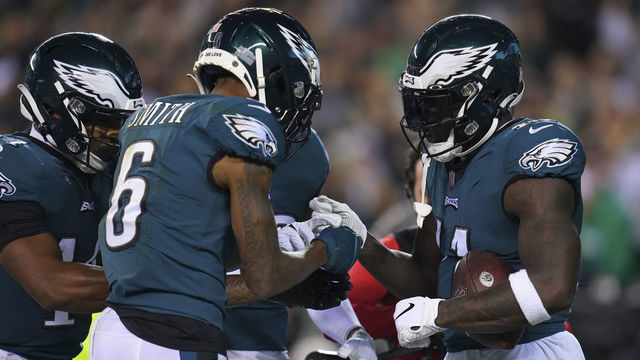 PHILADELPHIA, PA - OCTOBER 16: DeVonta Smith #6 and A.J. Brown #11 of the Philadelphia Eagles celebrate against the Dallas Cowboys at Lincoln Financial Field on October 16, 2022 in Philadelphia, Pennsylvania.