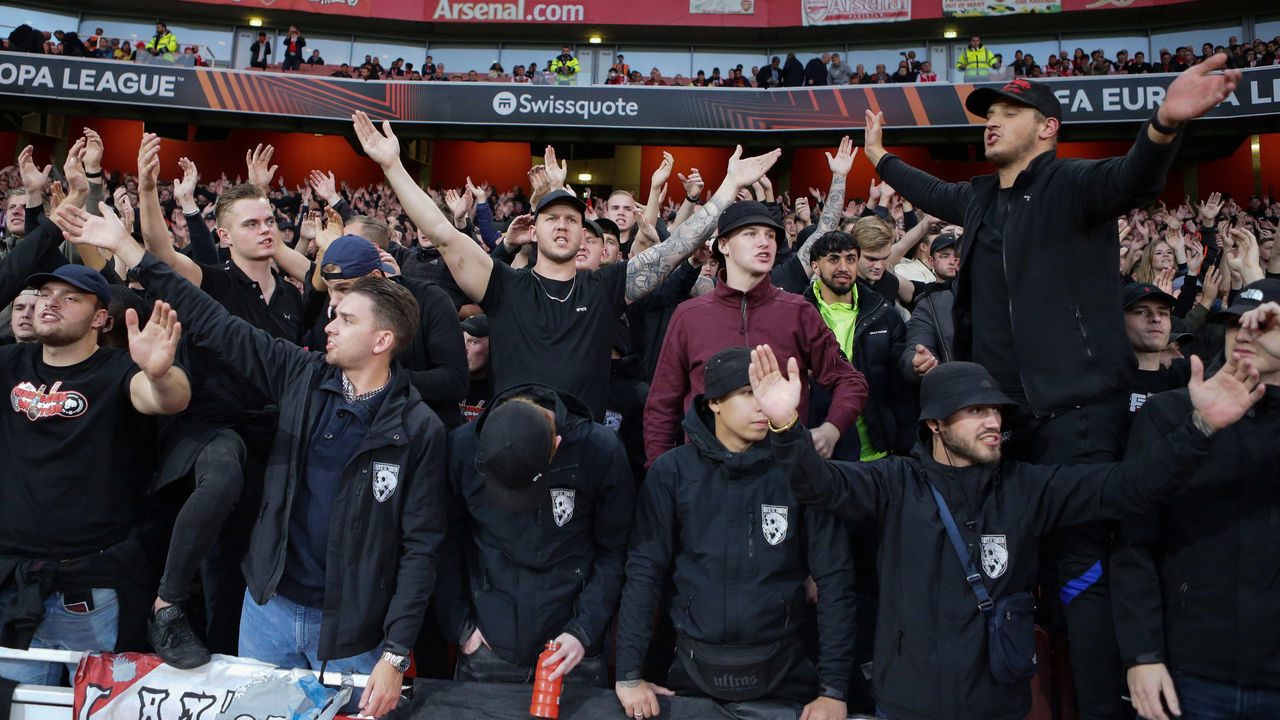 LONDON, ENGLAND - OCTOBER 20: PSV fans during the UEFA Europa League group A match between Arsenal FC and PSV Eindhoven at Emirates Stadium on October 20, 2022 in London, United Kingdom.