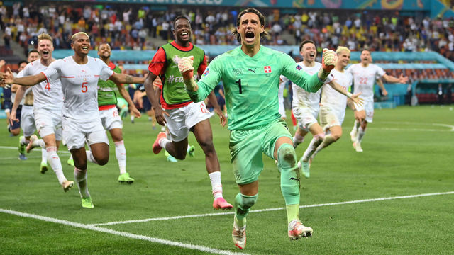 BUCHAREST, ROMANIA - JUNE 28: Yann Sommer of Switzerland celebrates after saving the decisive penalty taken by Kylian Mbappe of France to win the UEFA Euro 2020 Championship Round of 16 match between France and Switzerland at National Arena on June 28, 2021 in Bucharest, Romania.