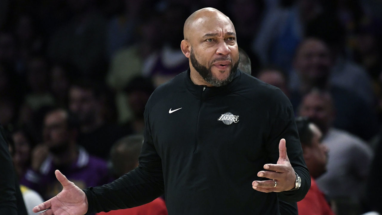 LOS ANGELES, CA - OCTOBER 23: Head coach Darvin Ham of the Los Angeles Lakers reacts to the referee's call during the second half against Portland Trail Blazers at Crypto.com Arena on October 23, 2022 in Los Angeles, California.