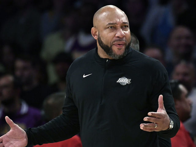 LOS ANGELES, CA - OCTOBER 23: Head coach Darvin Ham of the Los Angeles Lakers reacts to the referee's call during the second half against Portland Trail Blazers at Crypto.com Arena on October 23, 2022 in Los Angeles, California.