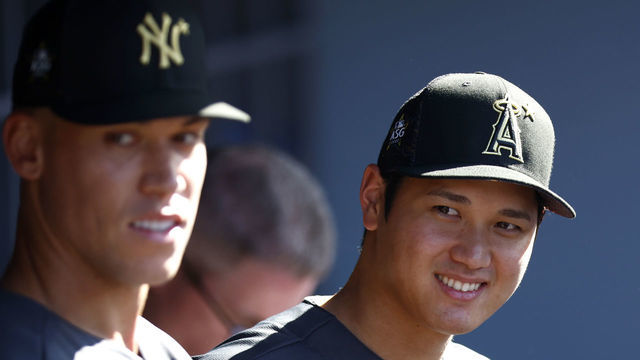LOS ANGELES, CALIFORNIA - JULY 19: Aaron Judge #99 of the New York Yankees and Shohei Ohtani #17 of the Los Angeles Angels look on from the dugout before the 92nd MLB All-Star Game presented by Mastercard at Dodger Stadium on July 19, 2022 in Los Angeles, California.
