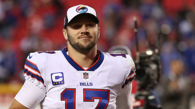KANSAS CITY, MO - OCTOBER 16: Buffalo Bills quarterback Josh Allen (17) is all smiles after an NFL game between the Buffalo Bills and Kansas City Chiefs on October 16, 2022 at GEHA Field at Arrowhead Stadium in Kansas City, MO. Photo by Scott Winters/Icon Sportswire via Getty Images)