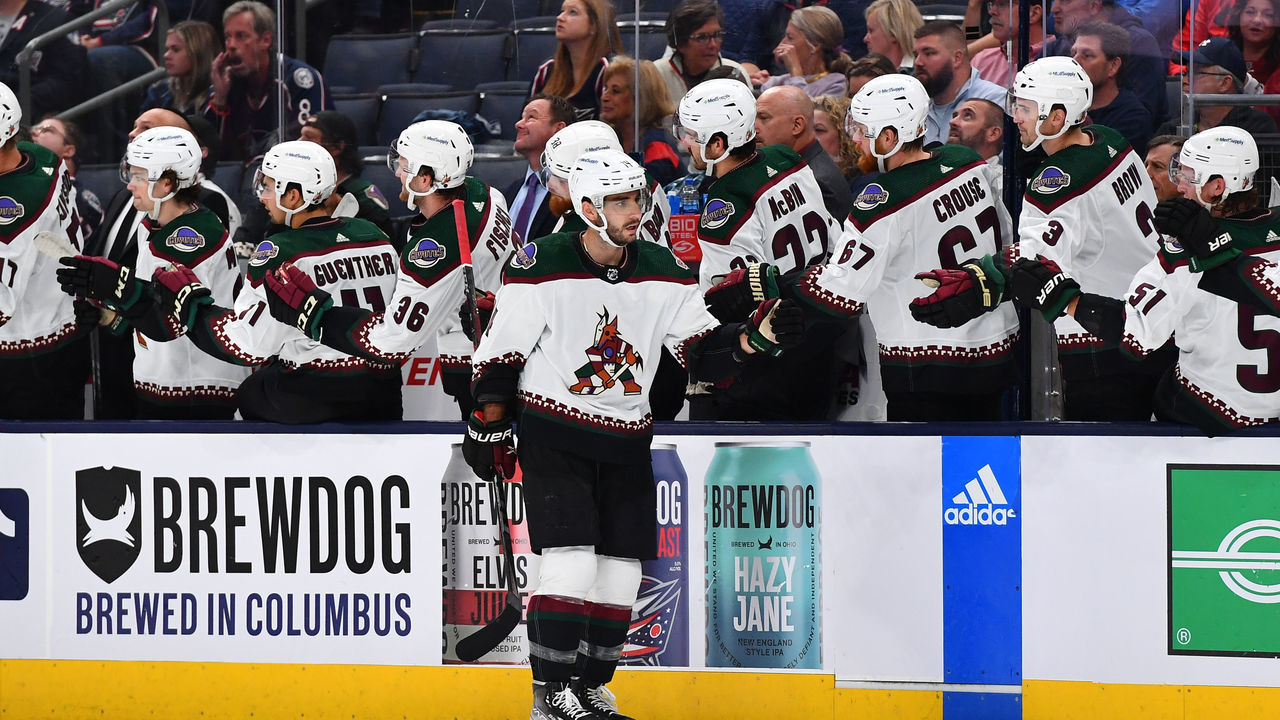 COLUMBUS, OHIO - OCTOBER 25: Shayne Gostisbehere #14 of the Arizona Coyotes celebrates with teammates after scoring a goal during the first period of a game against the Columbus Blue Jackets at Nationwide Arena on October 25, 2022 in Columbus, Ohio.