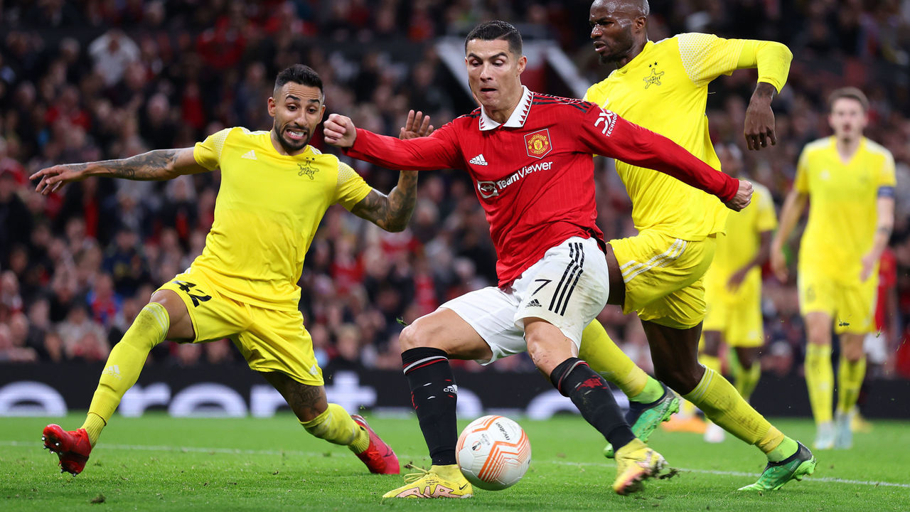 MANCHESTER, ENGLAND - OCTOBER 27: Cristiano Ronaldo of Manchester United scores their team's third goal during the UEFA Europa League group E match between Manchester United and Sheriff Tiraspol at Old Trafford on October 27, 2022 in Manchester, England.