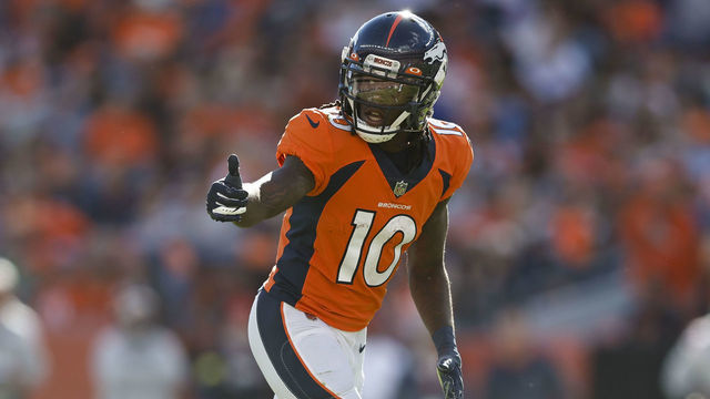 DENVER, COLORADO - OCTOBER 23: Jerry Jeudy #10 of the Denver Broncos signals as he lines up during an NFL football game between the Denver Broncos and the New York Jets at Empower Field At Mile High on October 23, 2022 in Denver, Colorado.