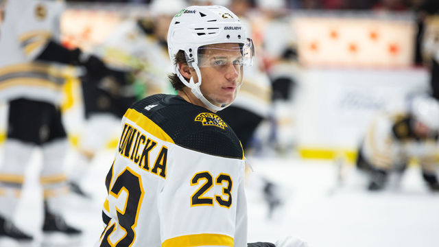 OTTAWA, ON - OCTOBER 18: Boston Bruins Center Jack Studnicka (23) during warm-up before National Hockey League action between the Boston Bruins and Ottawa Senators on October 18, 2022, at Canadian Tire Centre in Ottawa, ON, Canada.