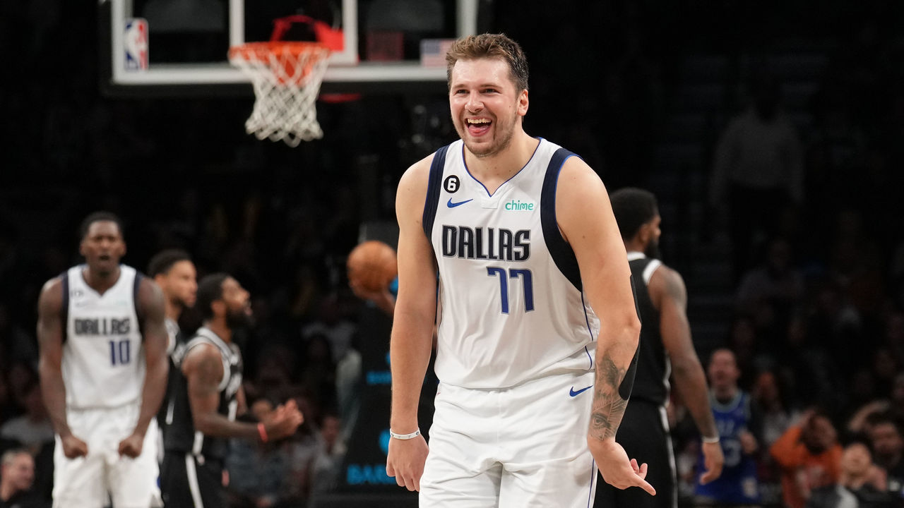 BROOKLYN, NY - OCTOBER 27: Luka Doncic #77 of the Dallas Mavericks reacts to a play during the game against the Brooklyn Nets on October 27, 2022 at Barclays Center in Brooklyn, New York. Mandatory Copyright Notice: Copyright 2022 NBAE