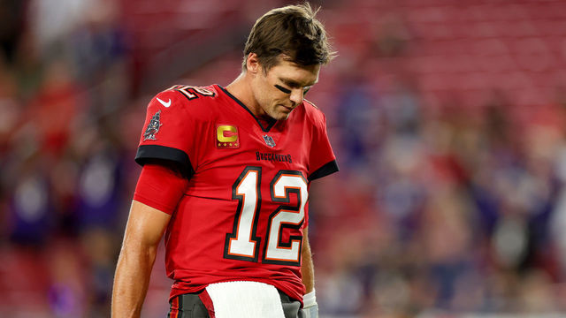 TAMPA, FLORIDA - OCTOBER 27: Tom Brady #12 of the Tampa Bay Buccaneers looks on during pregame warm-ups prior to a game against the Baltimore Ravens at Raymond James Stadium on October 27, 2022 in Tampa, Florida.