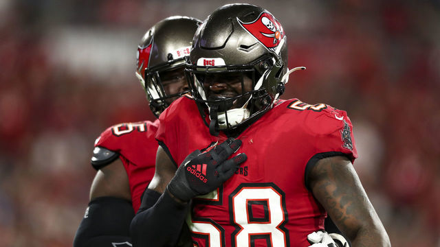 TAMPA, FL - OCTOBER 27: Shaquil Barrett #58 of the Tampa Bay Buccaneers celebrates after a sack during the second quarter of an NFL football game against the Baltimore Ravens at Raymond James Stadium on October 27, 2022 in Tampa, Florida.