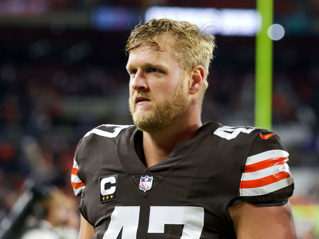 CLEVELAND, OH - SEPTEMBER 22: Cleveland Browns long snapper Charley Hughlett (47) leaves the field following the National Football League game between the Pittsburgh Steelers and Cleveland Browns on September 22, 2022, at FirstEnergy Stadium in Cleveland, OH.