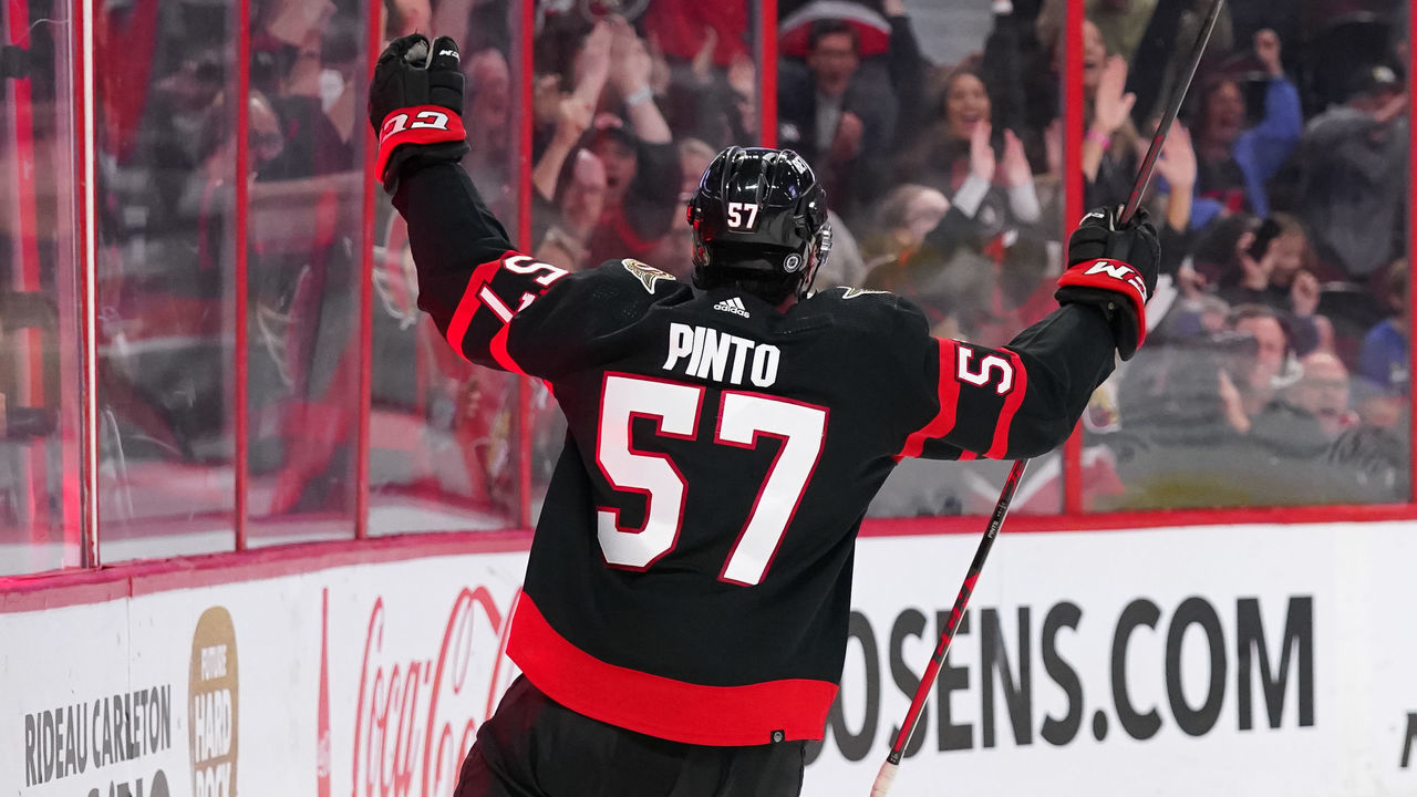 OTTAWA, CANADA - OCTOBER 24: Shane Pinto #57 of the Ottawa Senators celebrates his third period goal against the Dallas Stars at Canadian Tire Centre on October 24, 2022 in Ottawa, Ontario, Canada.