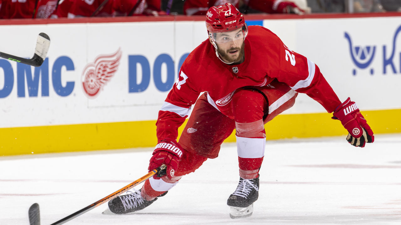 DETROIT, MI - OCTOBER 14: Michael Rasmussen #27 of the Detroit Red Wings attempts to block a pass against the Montreal Canadiens during the third period an NHL game at Little Caesars Arena on October 14, 2022 in Detroit, Michigan. Detroit defeated Montreal 3-0.