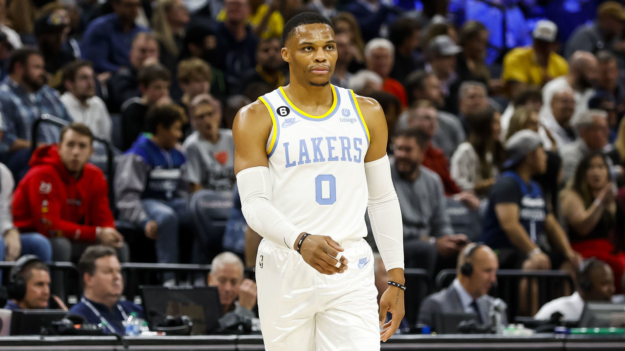 MINNEAPOLIS, MN - OCTOBER 28: Russell Westbrook #0 of the Los Angeles Lakers looks on against the Minnesota Timberwolves in the first quarter of the game at Target Center on October 28, 2022 in Minneapolis, Minnesota.