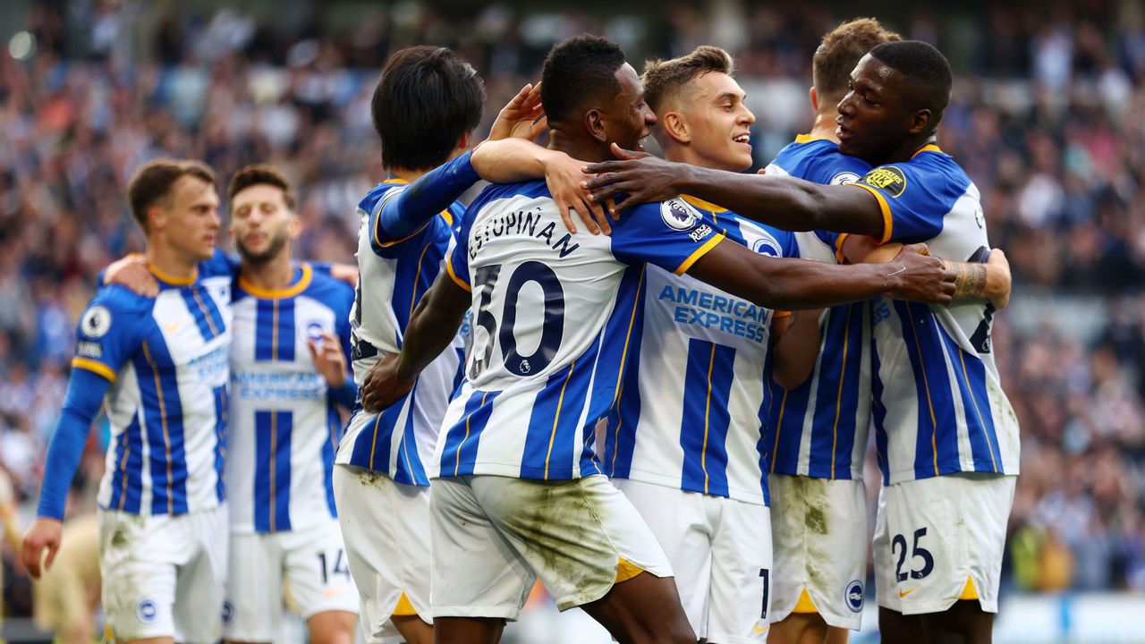 BRIGHTON, ENGLAND - OCTOBER 29: Pervis Estupinan of Brighton & Hove Albion celebrates with teammates after their sides third goal after an own goal by Trevoh Chalobah of Chelsea (not pictured) during the Premier League match between Brighton & Hove Albion and Chelsea FC at American Express Community Stadium on October 29, 2022 in Brighton, England.