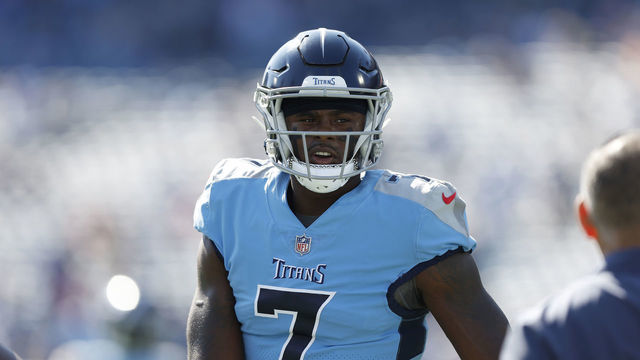 NASHVILLE, TENNESSEE - OCTOBER 23: Malik Willis #7 of the Tennessee Titans reacts during warmups before the game against the Indianapolis Colts at Nissan Stadium on October 23, 2022 in Nashville, Tennessee.
