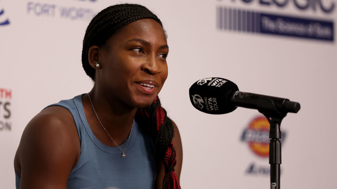 FORT WORTH, TEXAS - OCTOBER 29: Coco Gauff of the United States fields questions from the media at a press conference prior to the 2022 WTA Finals, part of the Hologic WTA Tour, at Dickies Arena on October 29, 2022 in Fort Worth, Texas.