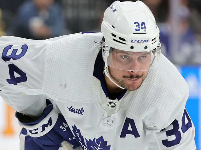 LAS VEGAS, NEVADA - OCTOBER 24: Auston Matthews #34 of the Toronto Maple Leafs waits for a faceoff in the third period of a game against the Vegas Golden Knights at T-Mobile Arena on October 24, 2022 in Las Vegas, Nevada. The Golden Knights defeated the Maple Leafs 3-1.