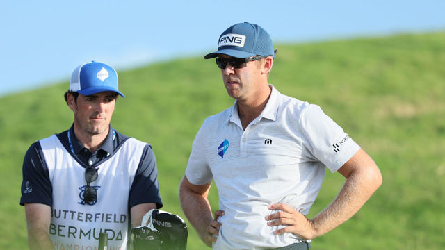 SOUTHAMPTON, BERMUDA - OCTOBER 29: Seamus Power of Ireland and his caddie Simon Keelan prepare to play his shot on the 17th hole during the third round of the Butterfield Bermuda Championship at Port Royal Golf Course on October 29, 2022 in Southampton, .