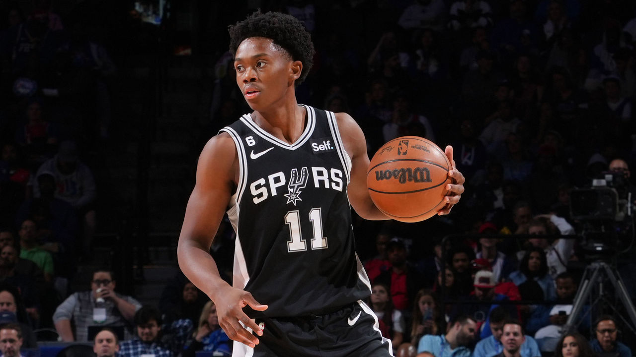 PHILADELPHIA, PA - OCTOBER 22: Joshua Primo #11 of the San Antonio Spurs dribbles the ball during the game against the Philadelphia 76ers on October 22, 2022 at the Wells Fargo Center in Philadelphia, Pennsylvania NOTE TO USER: User expressly acknowledges and agrees that, by downloading and/or using this Photograph, user is consenting to the terms and conditions of the Getty Images License Agreement. Mandatory Copyright Notice: Copyright 2022 NBAE