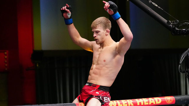 LAS VEGAS, NEVADA - OCTOBER 29: Arnold Allen of England celebrates his victory over Calvin Kattar in a featherweight fight during the UFC Fight Night event at UFC APEX on October 29, 2022 in Las Vegas, Nevada.