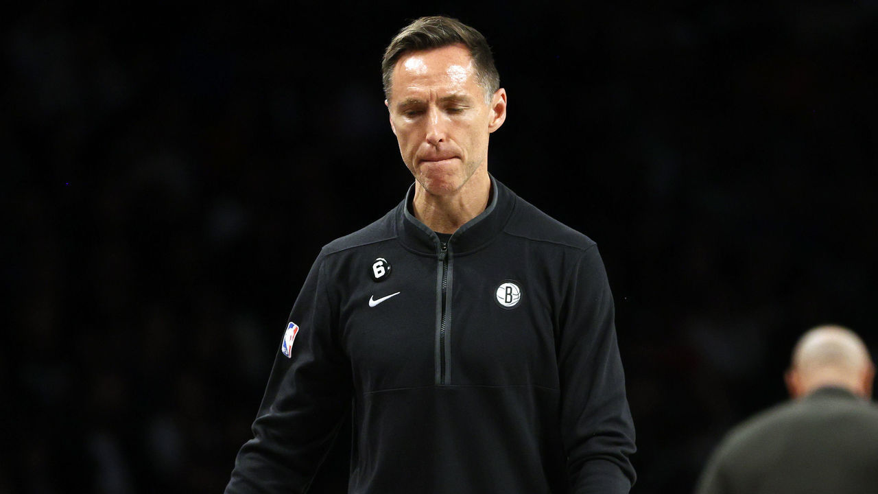 NEW YORK, NEW YORK - OCTOBER 27: Head coach Steve Nash of the Brooklyn Nets reacts during the first half against the Dallas Mavericks at Barclays Center on October 27, 2022 in the Brooklyn borough of New York City.