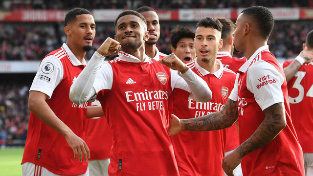 LONDON, ENGLAND - OCTOBER 30: Reiss Nelson celebrates scoring Arsenal's 2nd goal during the Premier League match between Arsenal FC and Nottingham Forest at Emirates Stadium on October 30, 2022 in London, England.