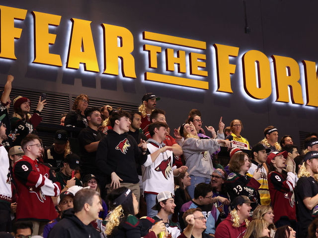 TEMPE, ARIZONA - OCTOBER 28: Fans cheer during the second period of the NHL game between the Arizona Coyotes and the Winnipeg Jets at Mullett Arena on October 28, 2022 in Tempe, Arizona. The Jets defeated the Coyotes 3-2 in overtime.