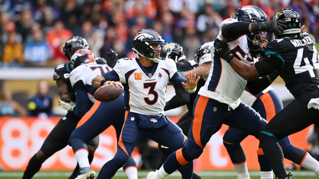 LONDON, ENGLAND - OCTOBER 30: Russell Wilson #3 of the Denver Broncos looks to throw a pass in the first half during the NFL match between Denver Broncos and Jacksonville Jaguars at Wembley Stadium on October 30, 2022 in London, England.