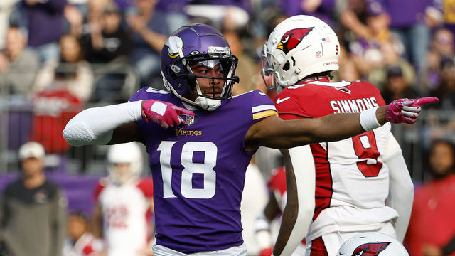 MINNEAPOLIS, MINNESOTA - OCTOBER 30: Justin Jefferson #18 of the Minnesota Vikings celebrates a reception for a first down during the first quarter against the Arizona Cardinals at U.S. Bank Stadium on October 30, 2022 in Minneapolis, Minnesota.