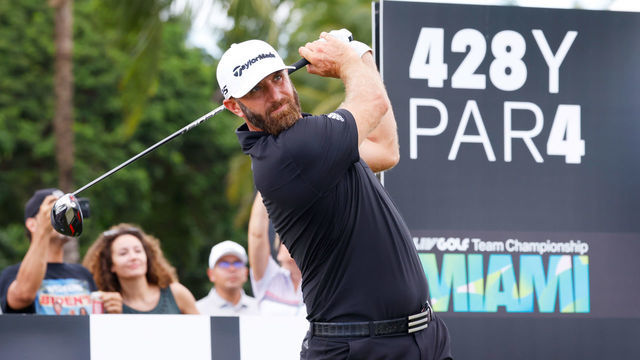 DORAL, FLORIDA - OCTOBER 30: Team Captain Dustin Johnson of 4 Aces GC plays his shot from the 11th tee during the team championship stroke-play round of the LIV Golf Invitational - Miami at Trump National Doral Miami on October 30, 2022 in Doral, Florida.
