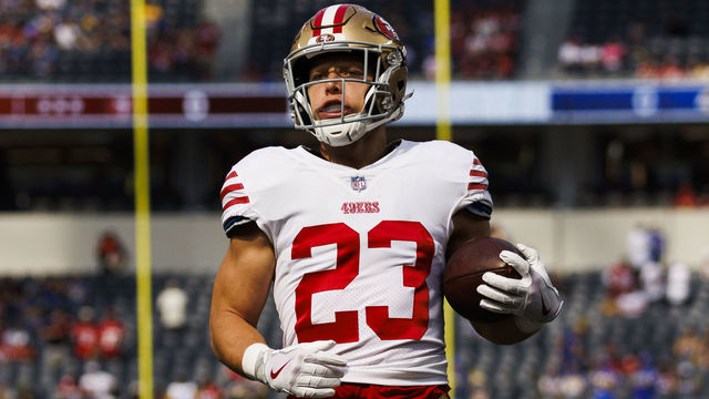 INGLEWOOD, CA - OCTOBER 30: San Francisco 49ers running back Christian McCaffrey (23) runs with the ball during an NFL football game between the San Francisco 49ers and the Los Angeles Rams on October 30, 2022 at SoFi Stadium in Inglewood, CA.