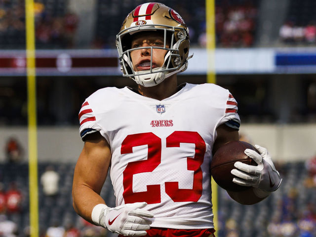 INGLEWOOD, CA - OCTOBER 30: San Francisco 49ers running back Christian McCaffrey (23) runs with the ball during an NFL football game between the San Francisco 49ers and the Los Angeles Rams on October 30, 2022 at SoFi Stadium in Inglewood, CA.