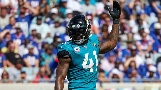 JACKSONVILLE, FLORIDA - OCTOBER 23: Josh Allen #41 of the Jacksonville Jaguars encourages the crowd against the New York Giants at TIAA Bank Field on October 23, 2022 in Jacksonville, Florida.
