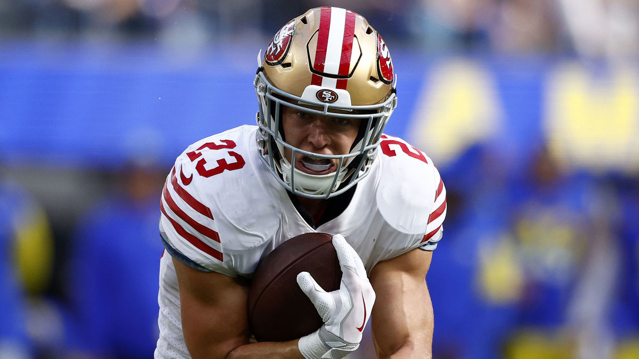 Christian McCaffrey of the San Francisco 49ers in the locker room News  Photo - Getty Images