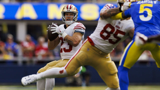 INGLEWOOD, CA - OCTOBER 30: San Francisco 49ers running back Christian McCaffrey (23) throws during an NFL football game between the San Francisco 49ers and the Los Angeles Rams on October 30, 2022 at SoFi Stadium in Inglewood, CA.