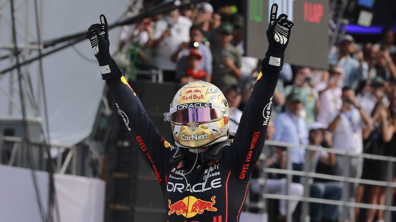 MEXICO CITY, MEXICO - OCTOBER 30: Max Verstappen of the Netherlands and Oracle Red Bull Racing celebrates victory after the F1 Grand Prix of Mexico at Autodromo Hermanos Rodriguez on October 30, 2022 in Mexico City, Mexico.