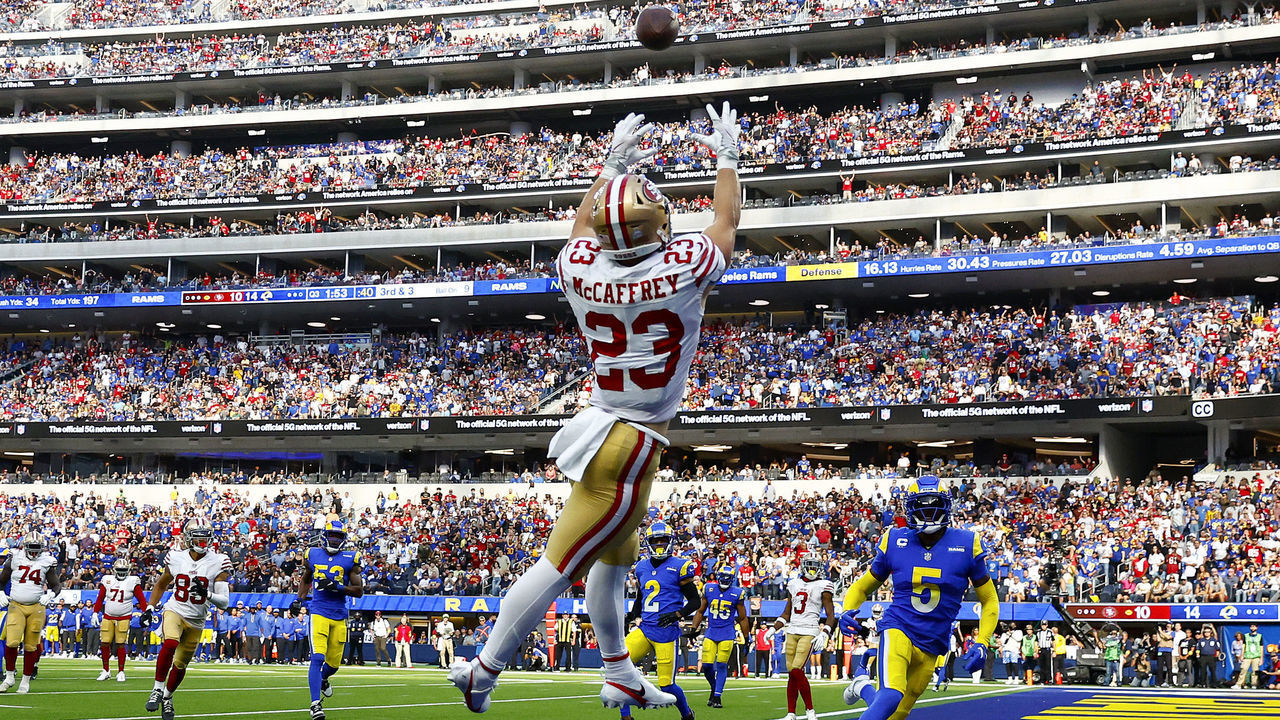 INGLEWOOD, CALIFORNIA - OCTOBER 30: Christian McCaffrey #23 of the San Francisco 49ers catches the ball for a touchdown as Jalen Ramsey #5 and Taylor Rapp #24 of the Los Angeles Rams defend during the third quarter at SoFi Stadium on October 30, 2022 in Inglewood, California.