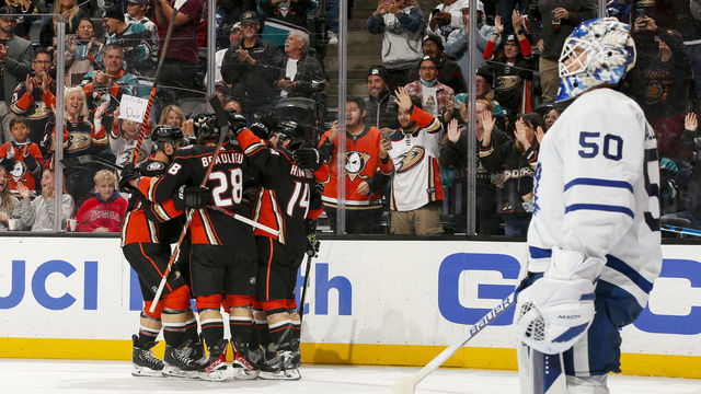 ANAHEIM, CA - OCTOBER 30: Frank Vatrano #77 of the Anaheim Ducks celebrates the goal that was then disallowed during the third period against the Toronto Maple Leafs at Honda Center on October 30, 2022 in Anaheim, California.