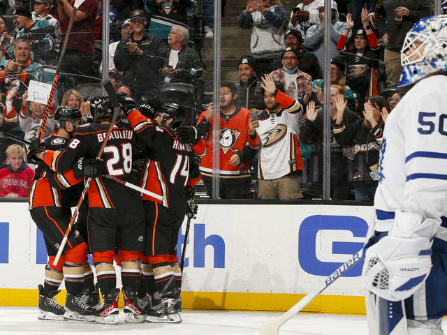 ANAHEIM, CA - OCTOBER 30: Frank Vatrano #77 of the Anaheim Ducks celebrates the goal that was then disallowed during the third period against the Toronto Maple Leafs at Honda Center on October 30, 2022 in Anaheim, California.