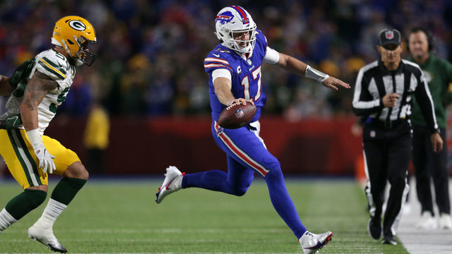 ORCHARD PARK, NEW YORK - OCTOBER 30: Josh Allen #17 of the Buffalo Bills rushes during the second half against the Green Bay Packers at Highmark Stadium on October 30, 2022 in Orchard Park, New York.