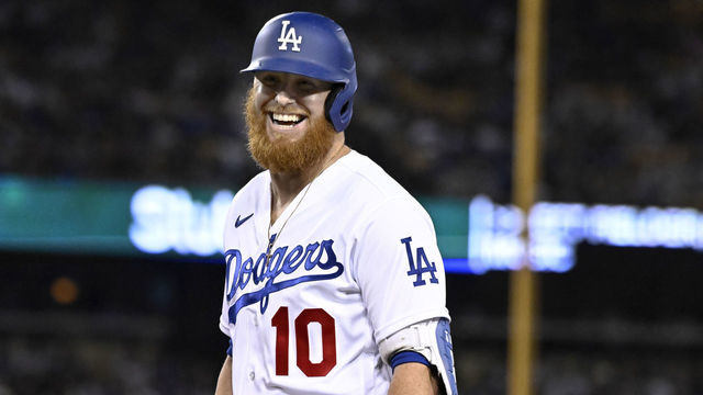 Los Angeles, CA - October 04: Justin Turner #10 of the Los Angeles Dodgers against the Colorado Rockies in the seventh inning of a baseball game at Dodger Stadium in Los Angeles on Tuesday, October 4, 2022.
