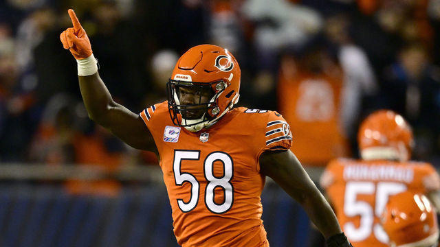 CHICAGO, ILLINOIS - OCTOBER 13: Roquan Smith #58 of the Chicago Bears reacts after a sack during the first quarter against the Washington Commanders at Soldier Field on October 13, 2022 in Chicago, Illinois.