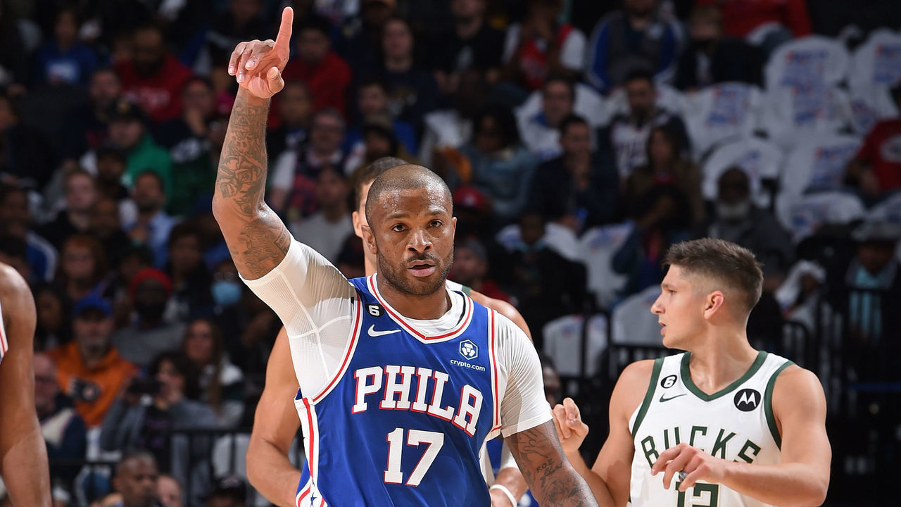PHILADELPHIA, PA - OCTOBER 20: P.J. Tucker #17 of the Philadelphia 76ers celebrates during the game against the Milwaukee Bucks on October 20, 2022 at the Wells Fargo Center in Philadelphia, Pennsylvania NOTE TO USER: User expressly acknowledges and agrees that, by downloading and/or using this Photograph, user is consenting to the terms and conditions of the Getty Images License Agreement. Mandatory Copyright Notice: Copyright 2022 NBAE