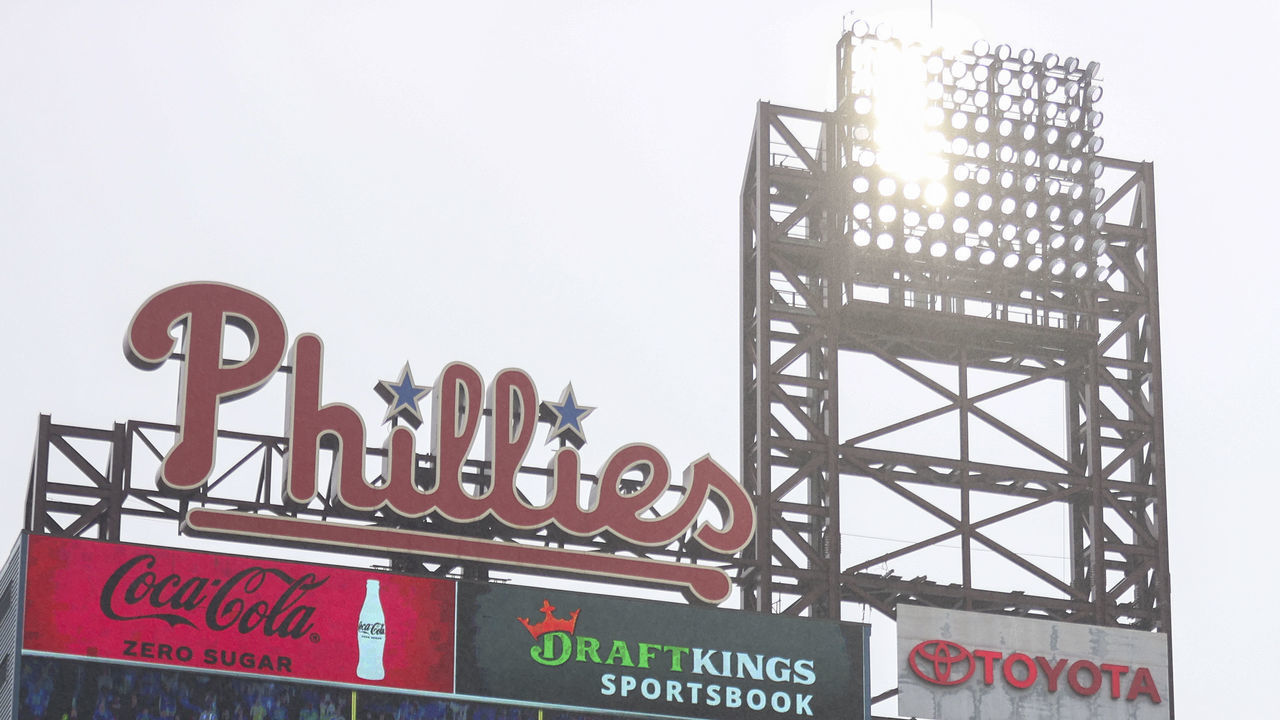 PHILADELPHIA, PENNSYLVANIA - SEPTEMBER 11: A telecast of a Philadelphia Eagles and Detroit Lions game is seen during a rain delayed game between the Washington Nationals and Philadelphia Phillies at Citizens Bank Park on September 11, 2022 in Philadelphia, Pennsylvania.